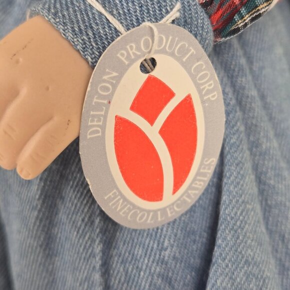 Vintage Delton Porcelain Doll Blue Eyes Blond Ringlets Denim Jumper Plaid Dress - Picture 6 of 16